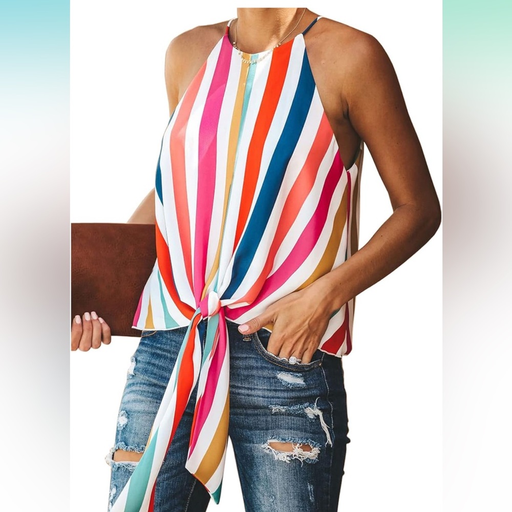 🌈Rainbow Striped Sleeveless Blouse with Tie Front